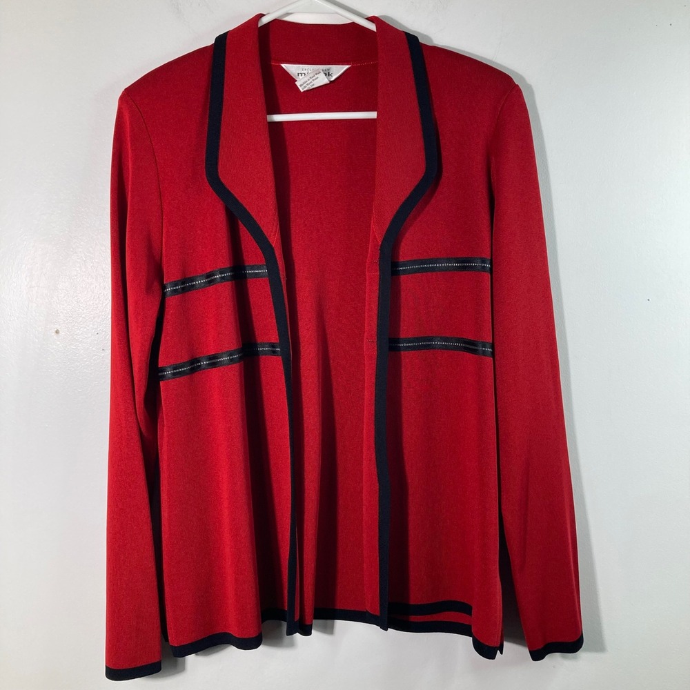 Misook Red Black Trim Knit Open Cardigan Jacket Blazer Style M